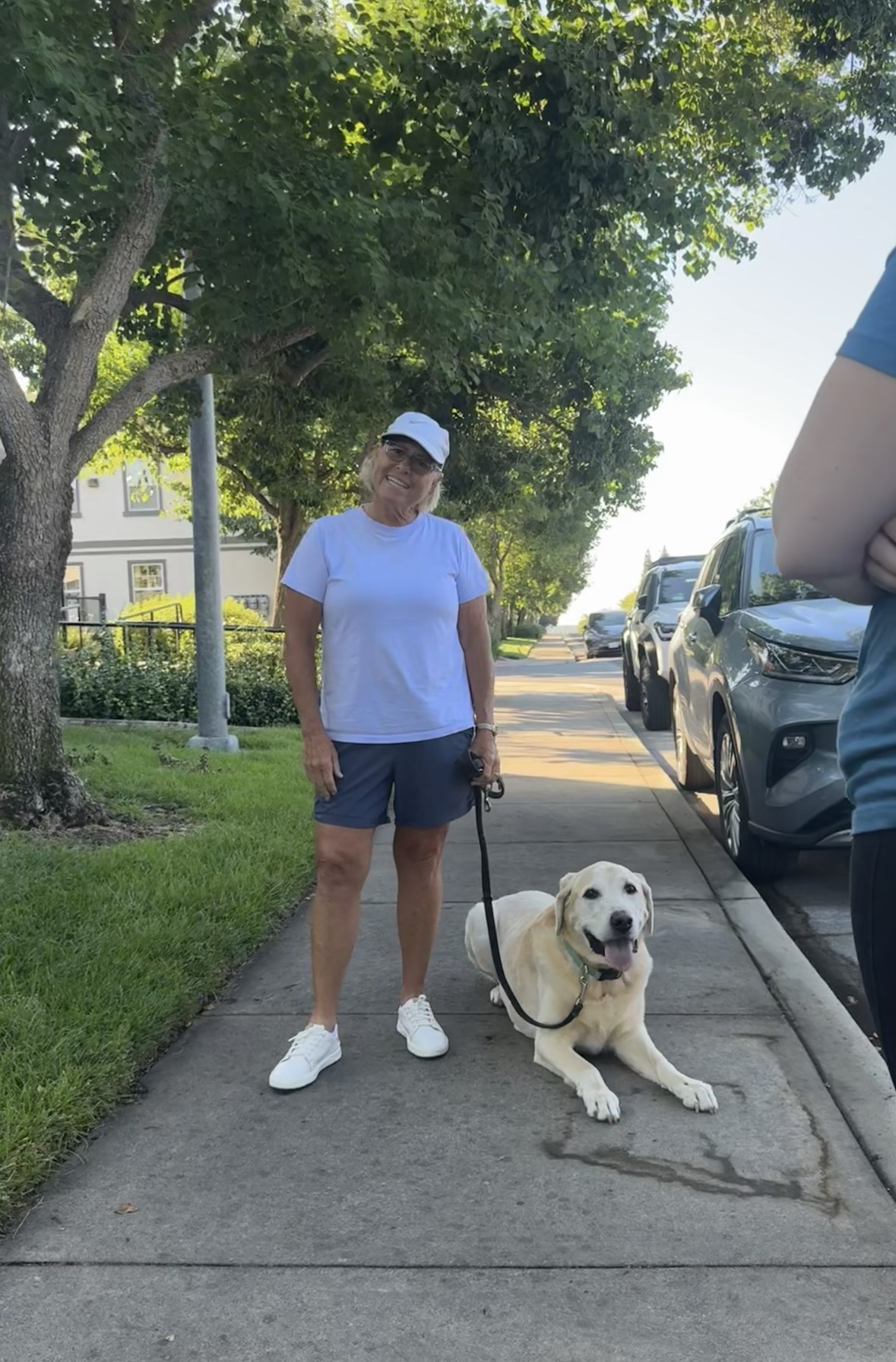 Rocky walking calmly on leash with Linda